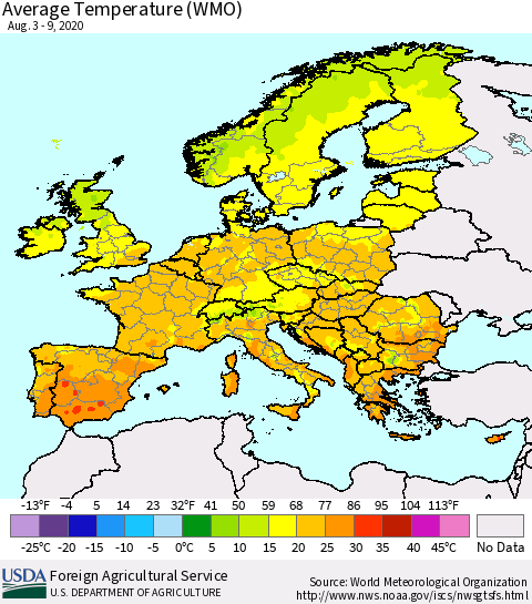 Europe Average Temperature (WMO) Thematic Map For 8/3/2020 - 8/9/2020