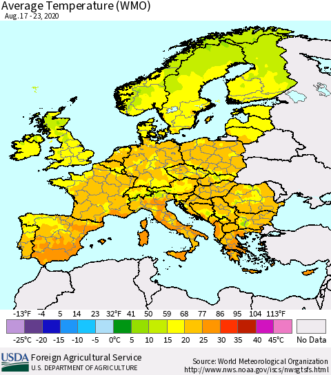 Europe Average Temperature (WMO) Thematic Map For 8/17/2020 - 8/23/2020