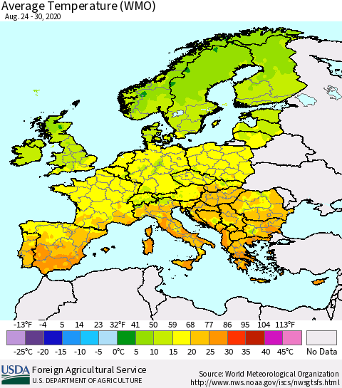Europe Average Temperature (WMO) Thematic Map For 8/24/2020 - 8/30/2020