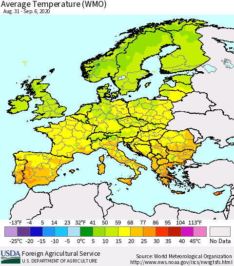Europe Average Temperature (WMO) Thematic Map For 8/31/2020 - 9/6/2020