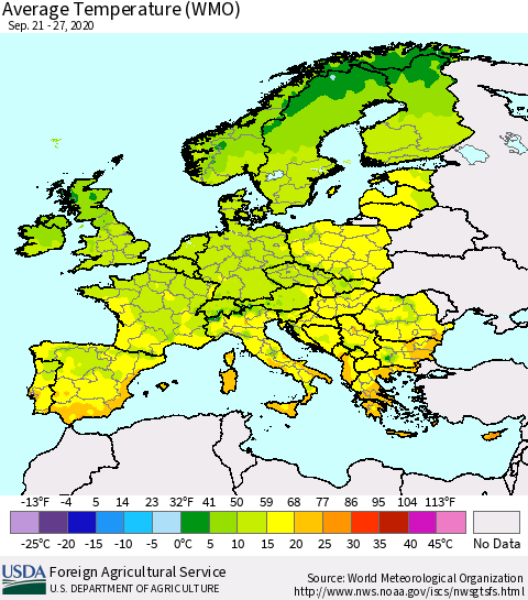 Europe Average Temperature (WMO) Thematic Map For 9/21/2020 - 9/27/2020