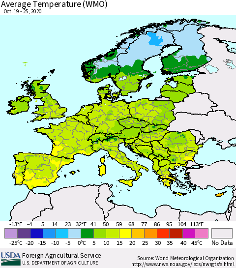 Europe Average Temperature (WMO) Thematic Map For 10/19/2020 - 10/25/2020