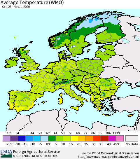 Europe Average Temperature (WMO) Thematic Map For 10/26/2020 - 11/1/2020
