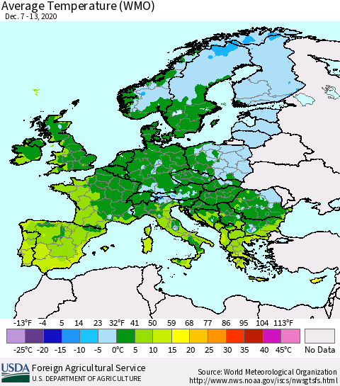 Europe Average Temperature (WMO) Thematic Map For 12/7/2020 - 12/13/2020