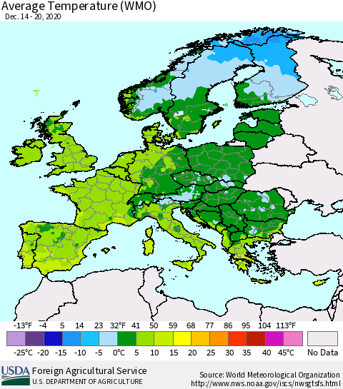 Europe Average Temperature (WMO) Thematic Map For 12/14/2020 - 12/20/2020