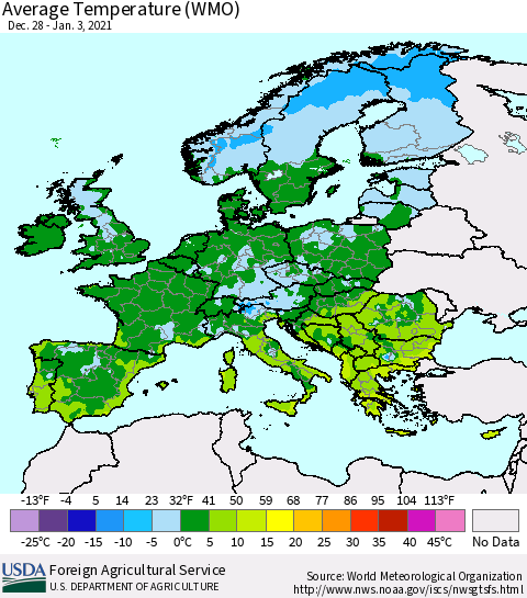 Europe Average Temperature (WMO) Thematic Map For 12/28/2020 - 1/3/2021