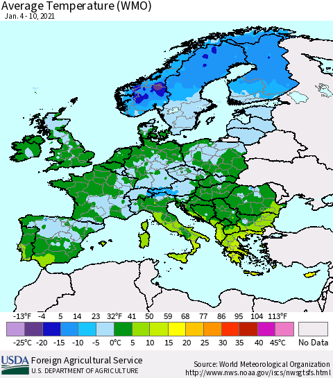 Europe Average Temperature (WMO) Thematic Map For 1/4/2021 - 1/10/2021