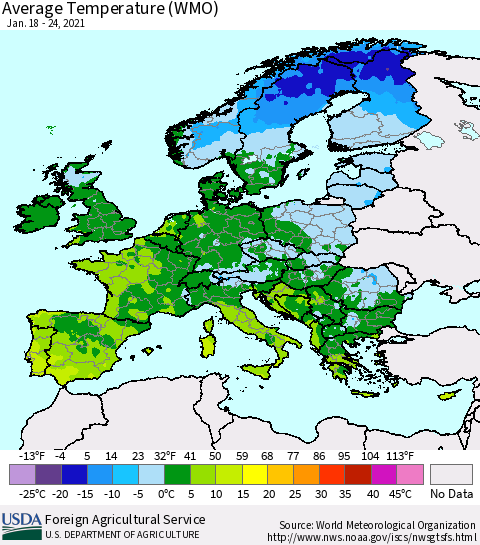 Europe Average Temperature (WMO) Thematic Map For 1/18/2021 - 1/24/2021