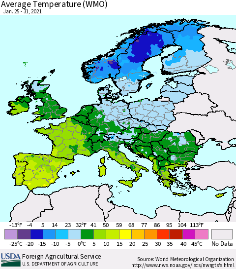 Europe Average Temperature (WMO) Thematic Map For 1/25/2021 - 1/31/2021