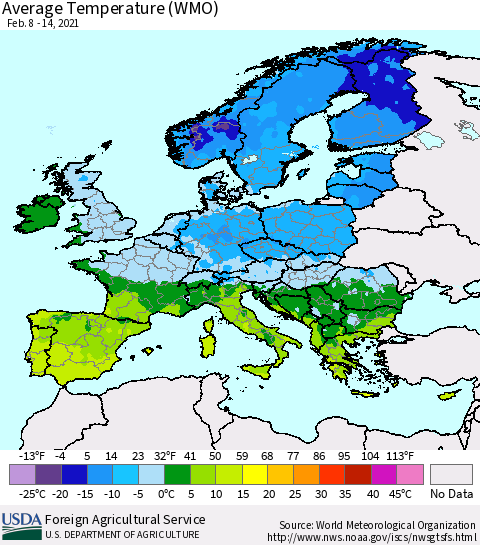 Europe Average Temperature (WMO) Thematic Map For 2/8/2021 - 2/14/2021