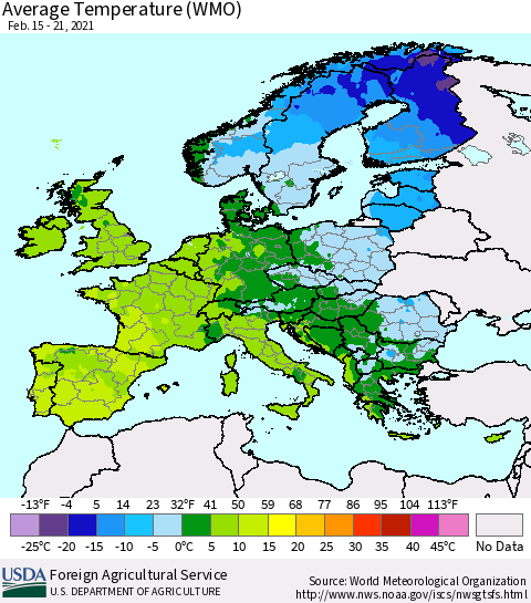 Europe Average Temperature (WMO) Thematic Map For 2/15/2021 - 2/21/2021