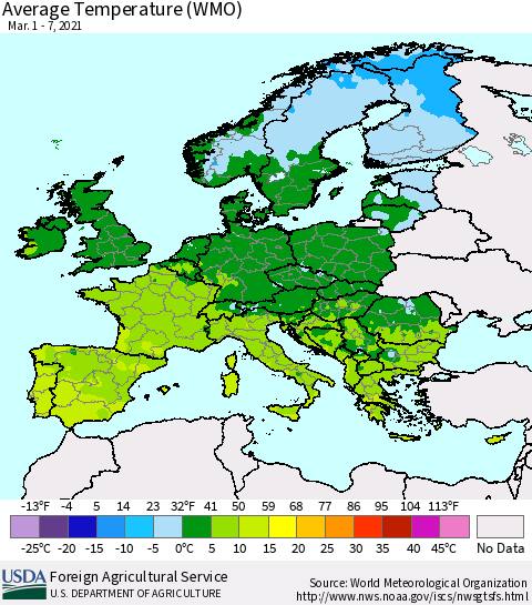 Europe Average Temperature (WMO) Thematic Map For 3/1/2021 - 3/7/2021