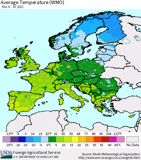 Europe Average Temperature (WMO) Thematic Map For 3/8/2021 - 3/14/2021