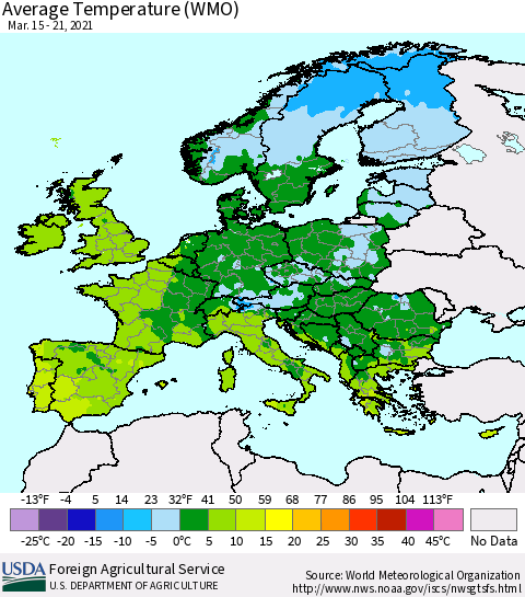 Europe Average Temperature (WMO) Thematic Map For 3/15/2021 - 3/21/2021