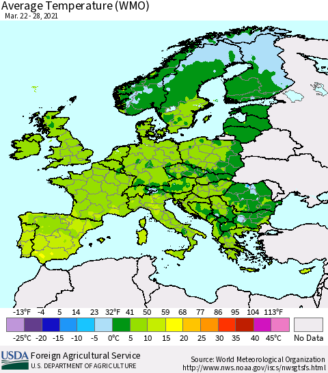 Europe Average Temperature (WMO) Thematic Map For 3/22/2021 - 3/28/2021