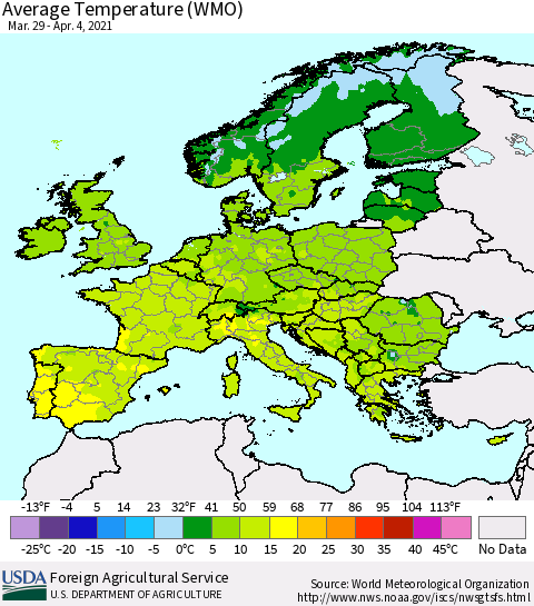 Europe Average Temperature (WMO) Thematic Map For 3/29/2021 - 4/4/2021