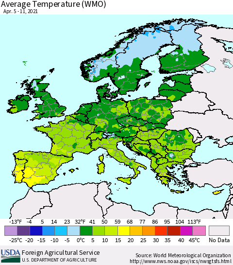 Europe Average Temperature (WMO) Thematic Map For 4/5/2021 - 4/11/2021