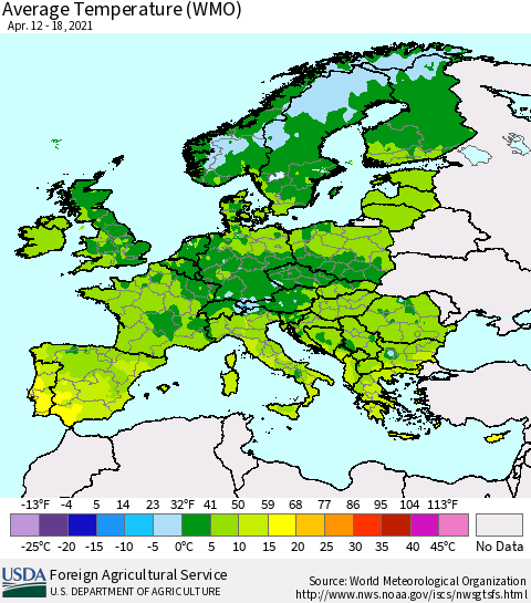 Europe Average Temperature (WMO) Thematic Map For 4/12/2021 - 4/18/2021