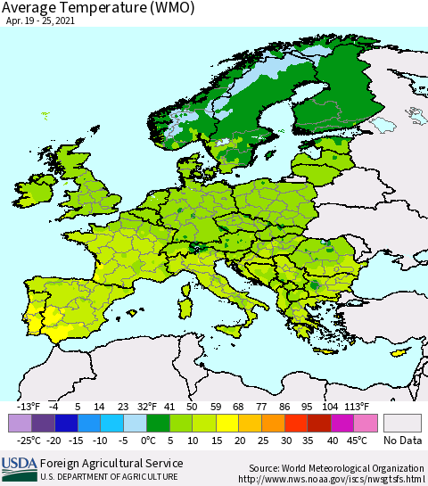 Europe Average Temperature (WMO) Thematic Map For 4/19/2021 - 4/25/2021