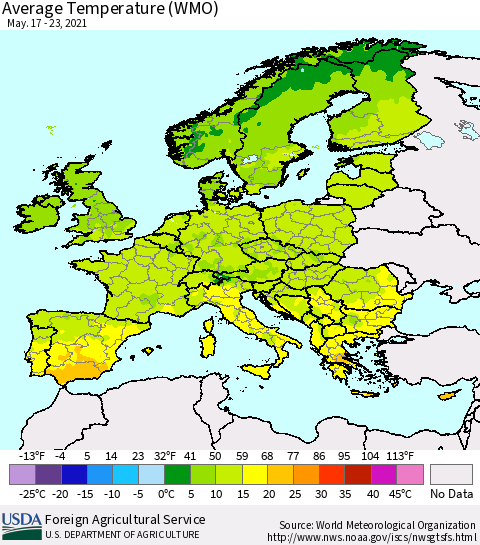 Europe Average Temperature (WMO) Thematic Map For 5/17/2021 - 5/23/2021