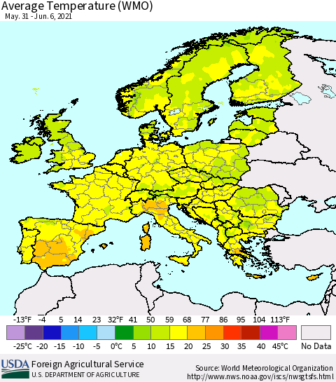 Europe Average Temperature (WMO) Thematic Map For 5/31/2021 - 6/6/2021