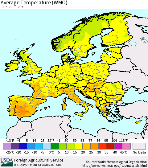 Europe Average Temperature (WMO) Thematic Map For 6/7/2021 - 6/13/2021