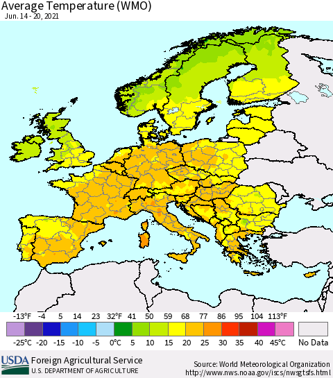 Europe Average Temperature (WMO) Thematic Map For 6/14/2021 - 6/20/2021