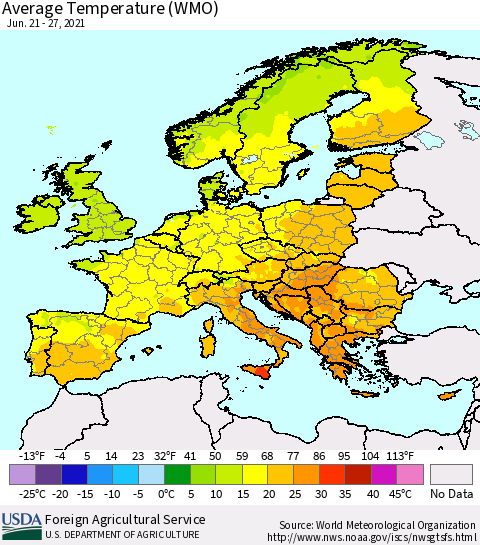Europe Average Temperature (WMO) Thematic Map For 6/21/2021 - 6/27/2021
