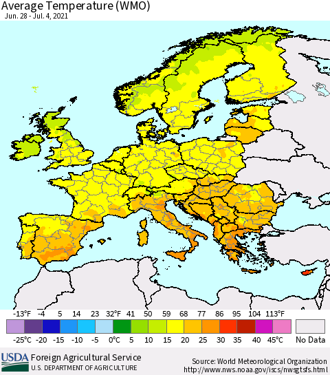 Europe Average Temperature (WMO) Thematic Map For 6/28/2021 - 7/4/2021