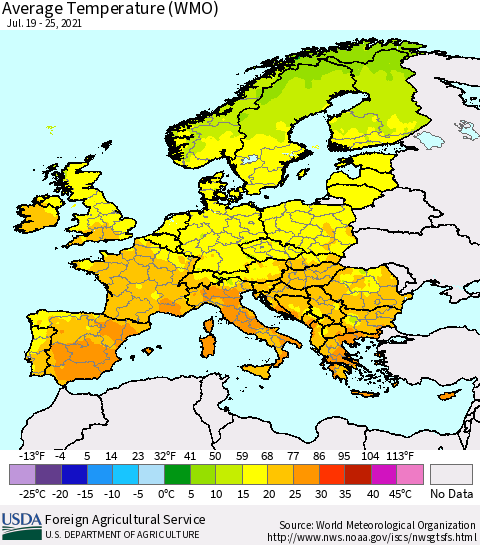Europe Average Temperature (WMO) Thematic Map For 7/19/2021 - 7/25/2021