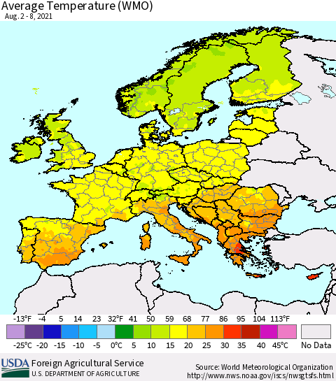 Europe Average Temperature (WMO) Thematic Map For 8/2/2021 - 8/8/2021