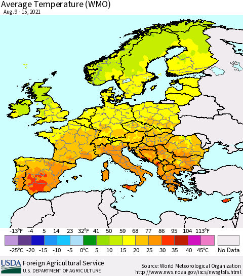 Europe Average Temperature (WMO) Thematic Map For 8/9/2021 - 8/15/2021