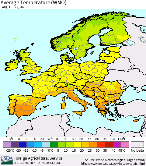 Europe Average Temperature (WMO) Thematic Map For 8/16/2021 - 8/22/2021