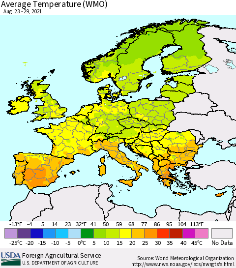 Europe Average Temperature (WMO) Thematic Map For 8/23/2021 - 8/29/2021