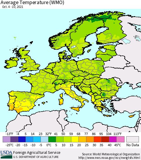 Europe Average Temperature (WMO) Thematic Map For 10/4/2021 - 10/10/2021