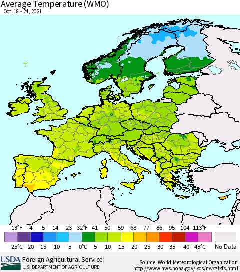 Europe Average Temperature (WMO) Thematic Map For 10/18/2021 - 10/24/2021