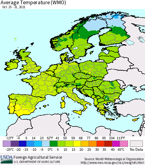 Europe Average Temperature (WMO) Thematic Map For 10/25/2021 - 10/31/2021