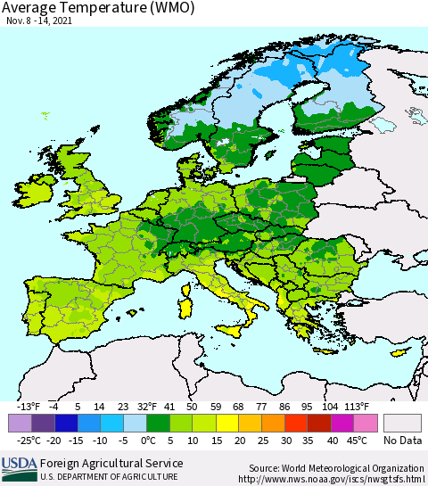 Europe Average Temperature (WMO) Thematic Map For 11/8/2021 - 11/14/2021
