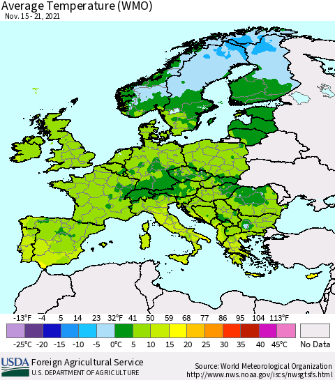 Europe Average Temperature (WMO) Thematic Map For 11/15/2021 - 11/21/2021