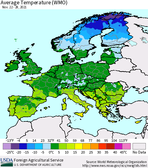 Europe Average Temperature (WMO) Thematic Map For 11/22/2021 - 11/28/2021