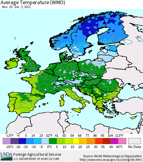 Europe Average Temperature (WMO) Thematic Map For 11/29/2021 - 12/5/2021