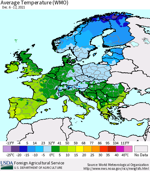 Europe Average Temperature (WMO) Thematic Map For 12/6/2021 - 12/12/2021