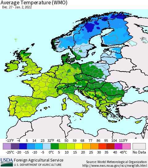 Europe Average Temperature (WMO) Thematic Map For 12/27/2021 - 1/2/2022