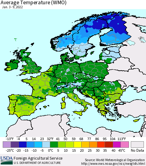 Europe Average Temperature (WMO) Thematic Map For 1/3/2022 - 1/9/2022