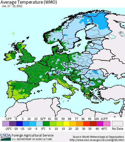 Europe Average Temperature (WMO) Thematic Map For 1/17/2022 - 1/23/2022
