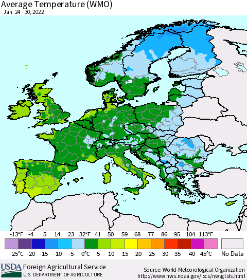 Europe Average Temperature (WMO) Thematic Map For 1/24/2022 - 1/30/2022