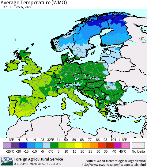 Europe Average Temperature (WMO) Thematic Map For 1/31/2022 - 2/6/2022