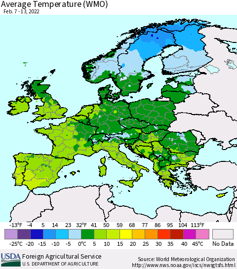 Europe Average Temperature (WMO) Thematic Map For 2/7/2022 - 2/13/2022