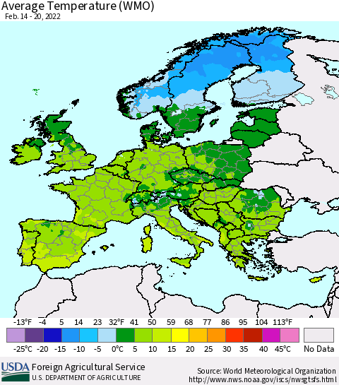 Europe Average Temperature (WMO) Thematic Map For 2/14/2022 - 2/20/2022