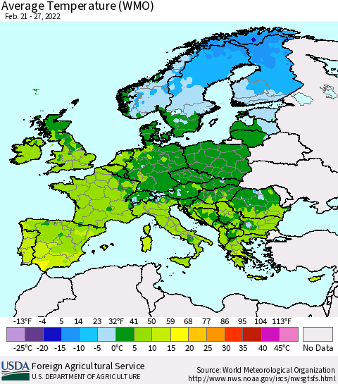 Europe Average Temperature (WMO) Thematic Map For 2/21/2022 - 2/27/2022